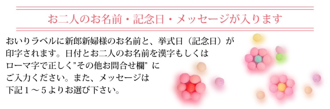お二人のお名前・記念日・ゲストへのメッセージが入ります。ご注文の際「その他お問い合せ」欄にご入力ください。